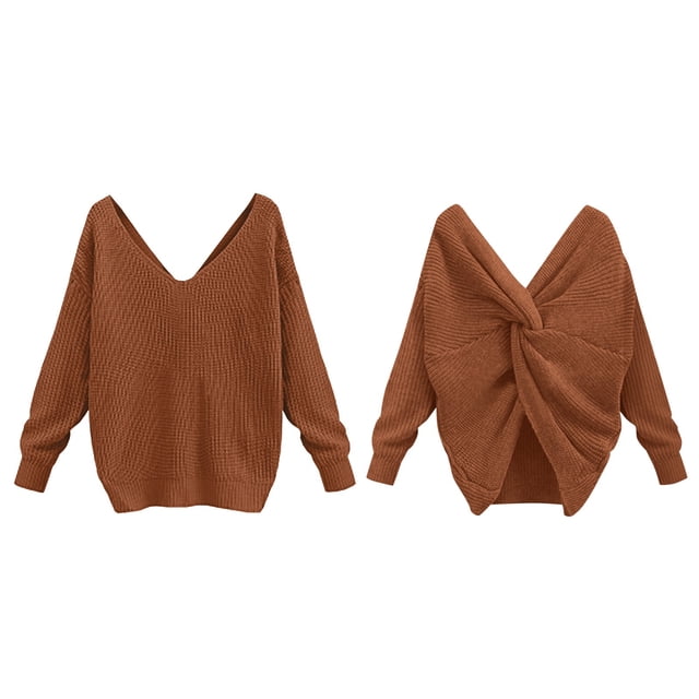 Women's Two Piece V Neck Knotted Over Open Back Knit Sweater Topdacron