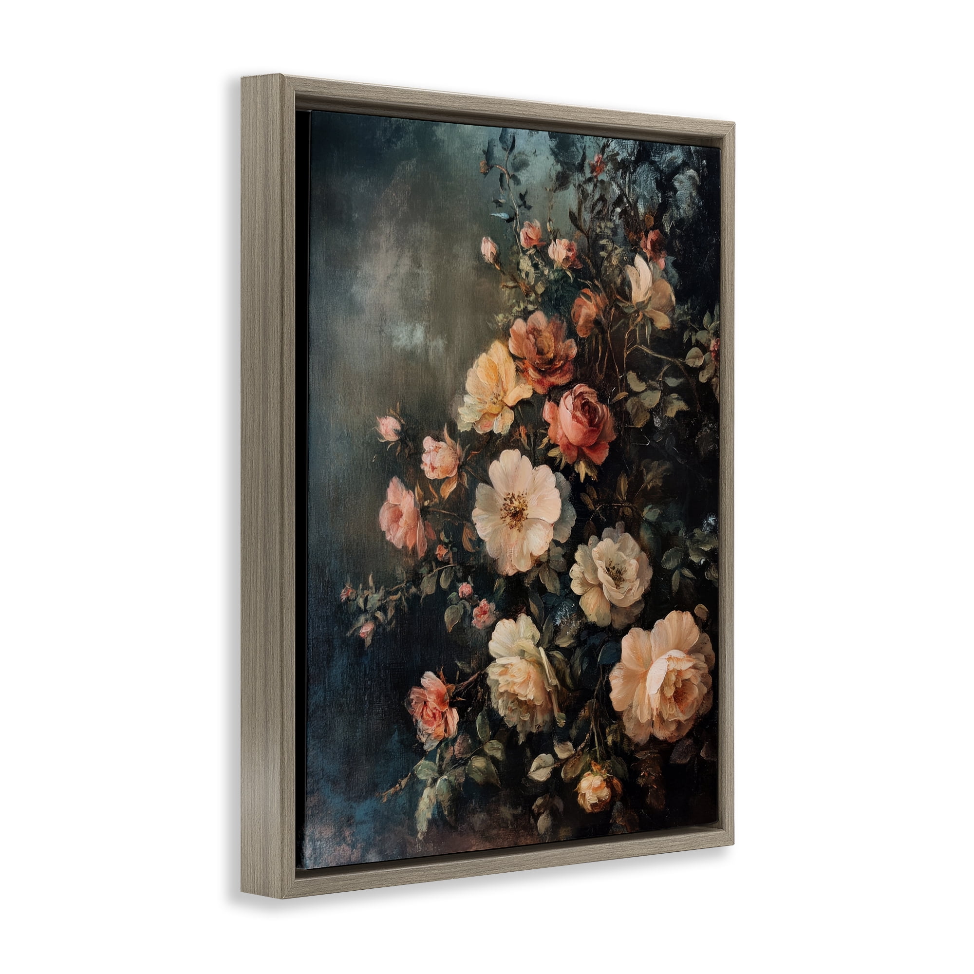 Stupell Industries Dark Rose Florals Plants & Flowers Painting Brown Floater Framed Canvas Art Print Wall Art, 17 x 21