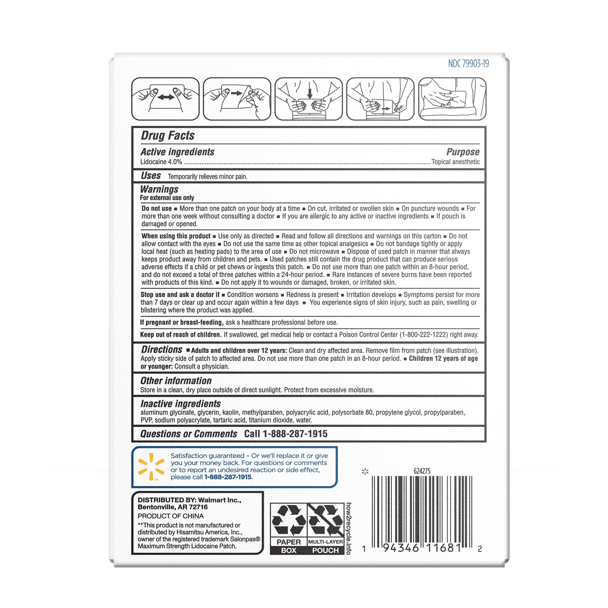 Equate Lidocaine Pain Relieving Patch 4% Lidocaine, 6 Count, Compare to Salonpas® Lidocaine Patch Active Ingredient