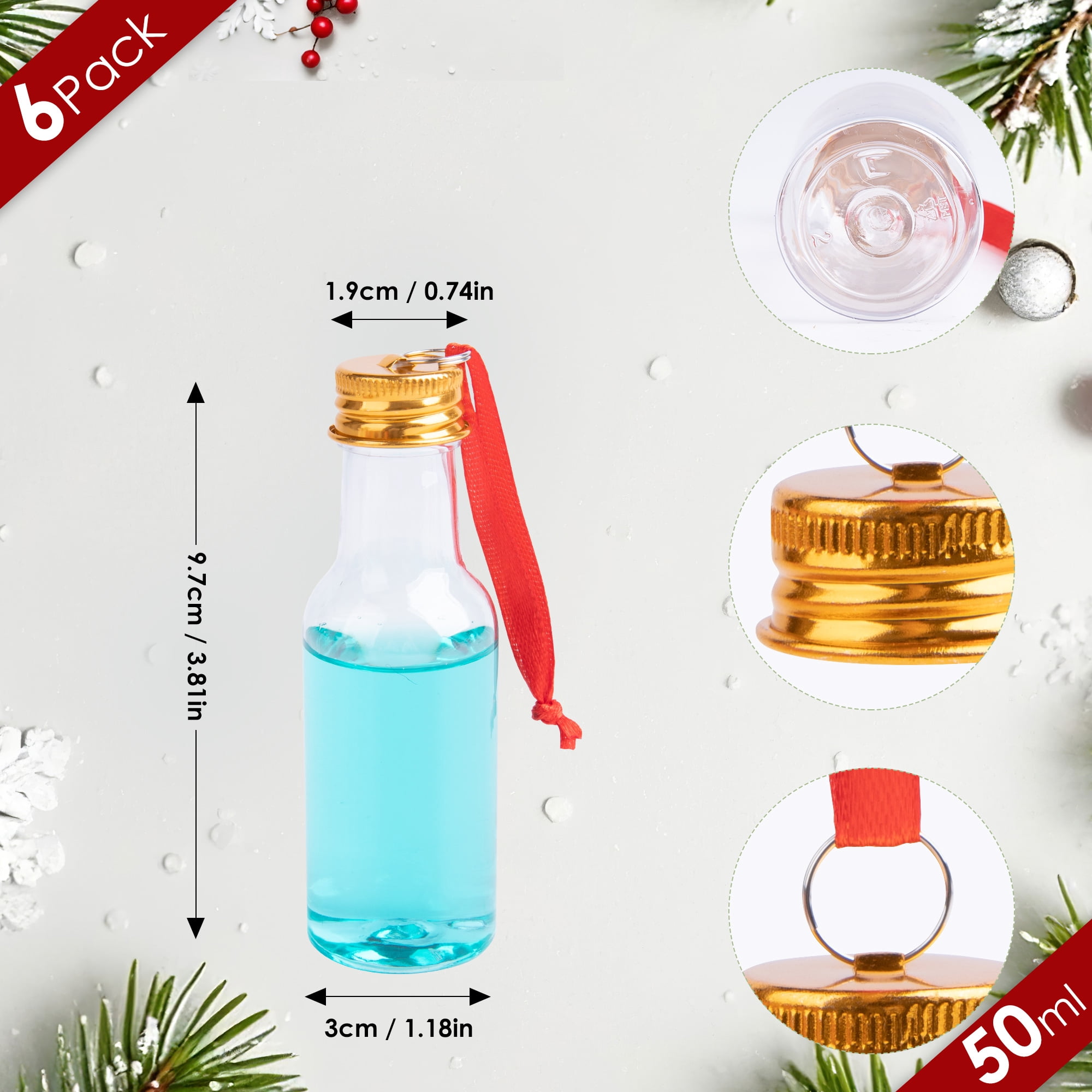 Fillable Christmas Ornament Drink Balls, 50ml Reusable Plastic Bottle-Shape Baubles, 6-Piece Set for Tree Hanging and White Elephant Gifts
