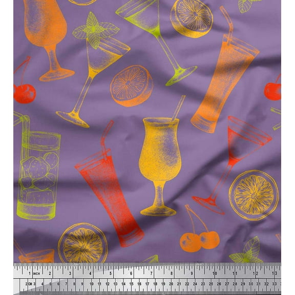 Soimoi Purple Cotton Voile Fabric Lemon Slice & Soft Drink Beverages Print Fabric by the Yard 42 Inch Wide