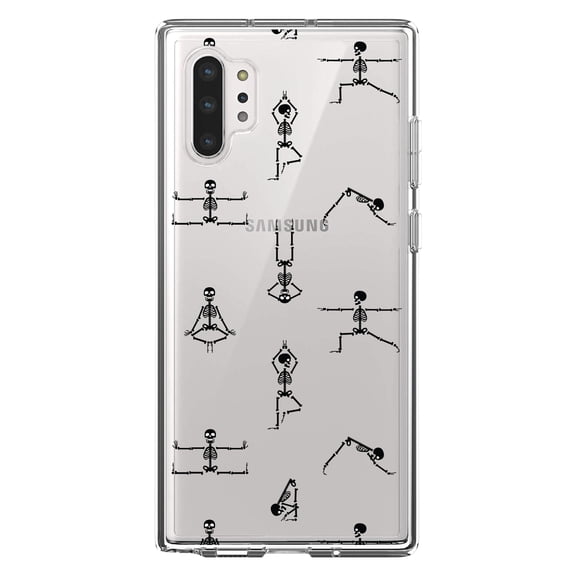 DistinctInk Clear Shockproof Hybrid Case for Galaxy Note 10 PLUS (6.8" Screen) - TPU Bumper, Acrylic Back, Tempered Glass Screen Protector - Yoga Skeletons
