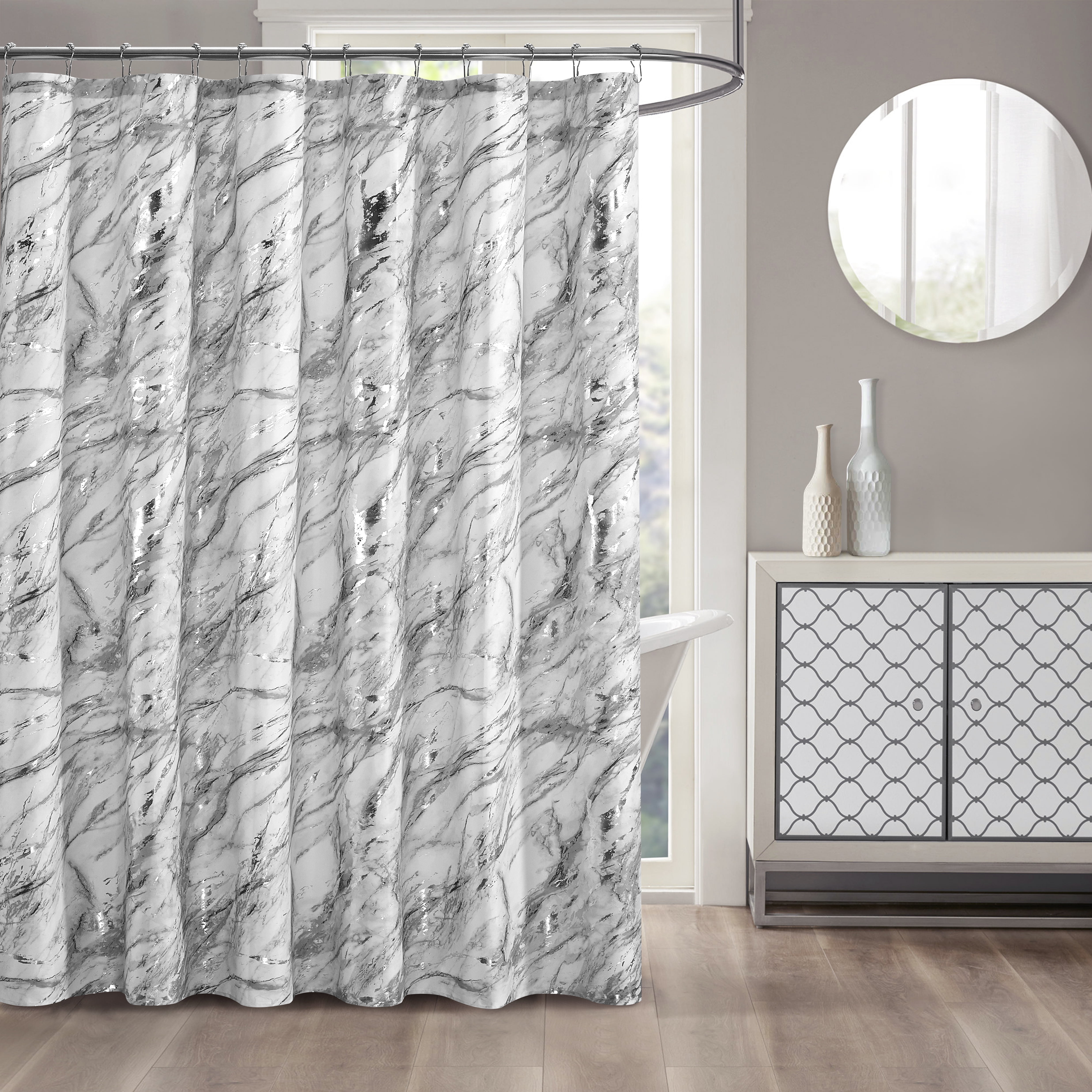 Baseball Style Pattern Bathroom Fabric Shower Curtain Set With Hooks 71Inch Long
