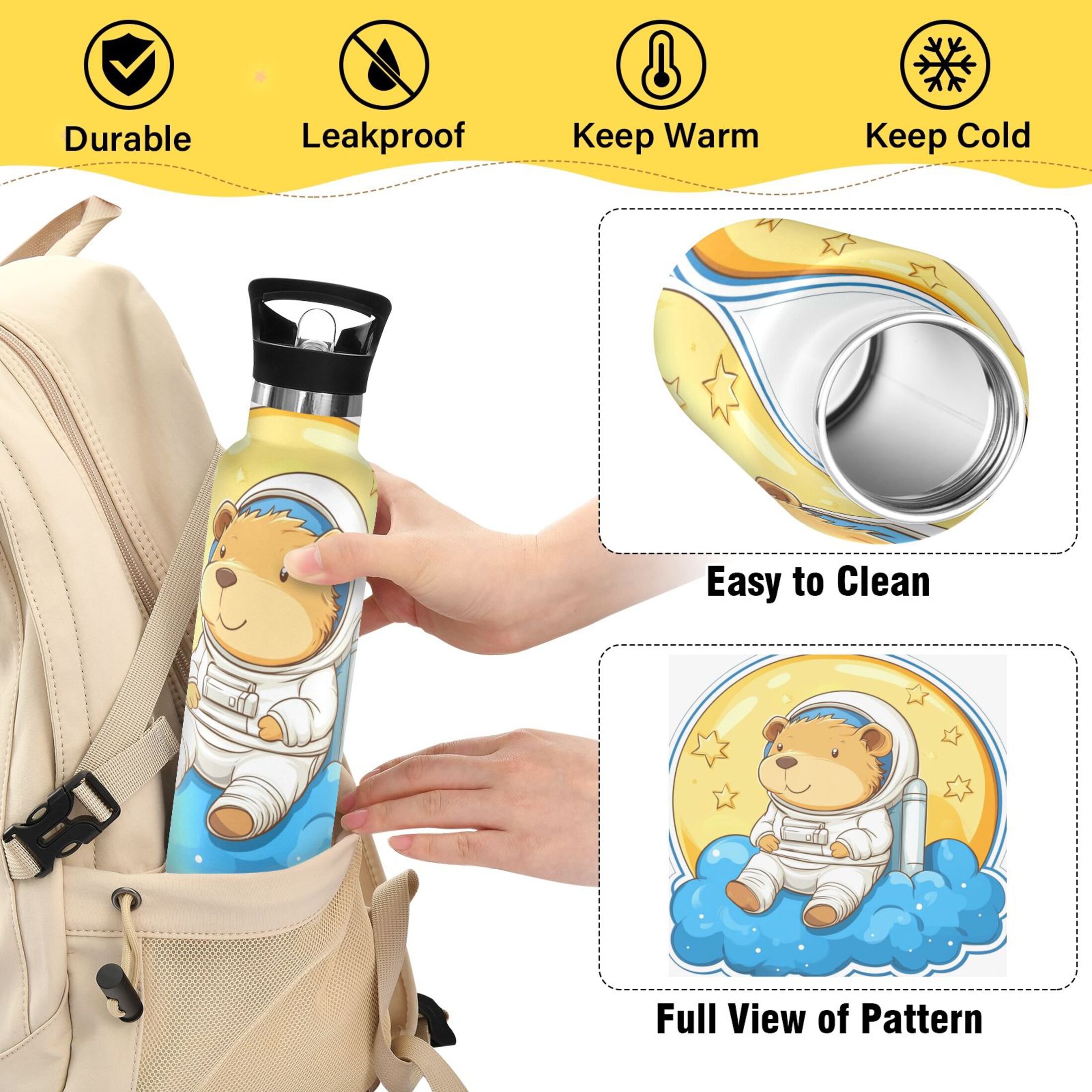 Kids Insulated Stainless Steel Sports Water Bottle 600ml (20oz) Astronaut Capibara