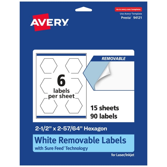 Avery Removable Hexagon Labels, 2-1/2" x 2-57/64", 90ct