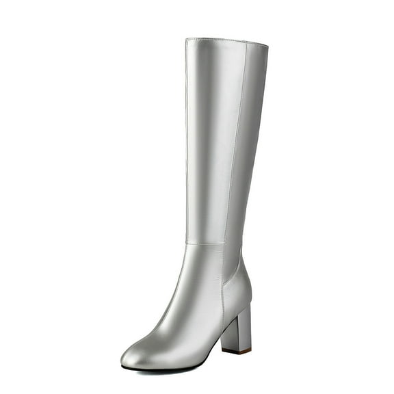 Gyexs Knee High Boots Women Pointed Toe Heel Fall Tall Boots Side Zipper Leather Long Boots for Women Silver & Size 5.5