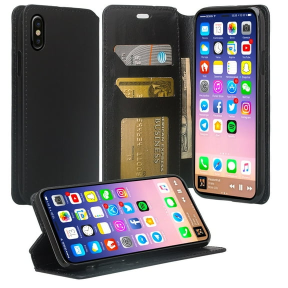 Apple iPhone Xs/iPhone X Case, Leather Wallet Case Kickstand Phone Case for iPhone Xs 2018/iPhone X Phone Case - Black
