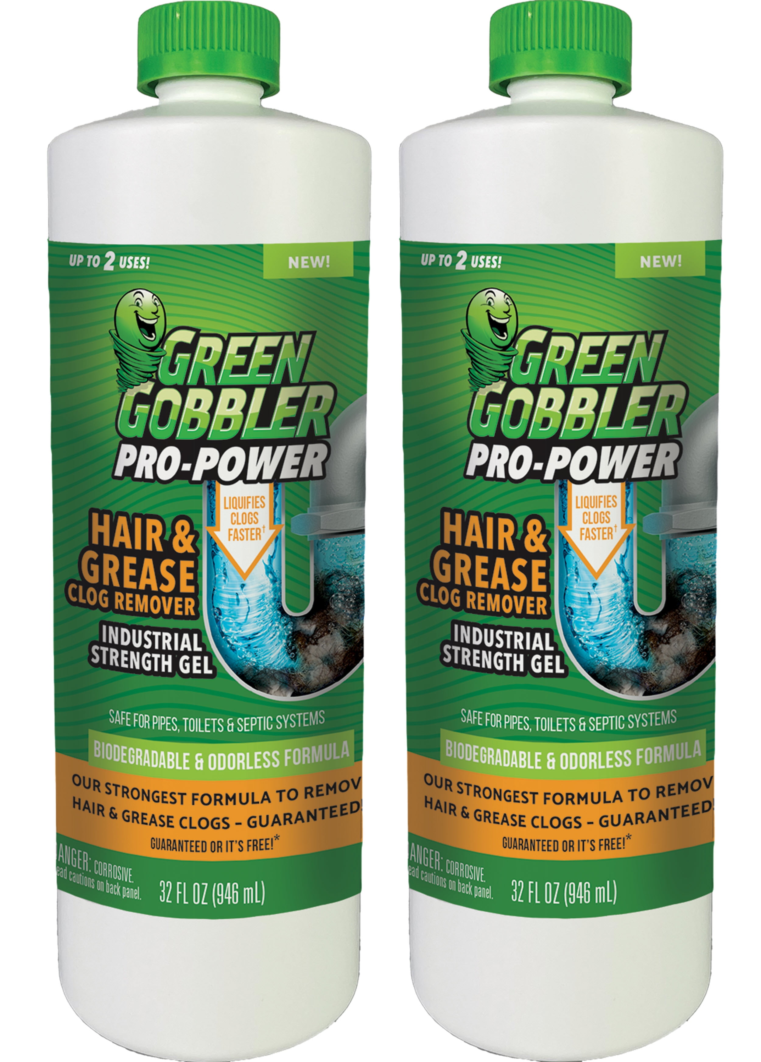 Green Gobbler Pro-Power Industrial Strength Grease and Hair Drain Clog Remover Gel - Safe for Pipes, Toilets and Septic, 2 PACK