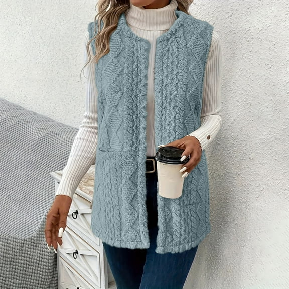 Women's Oversized Sherpa Vest Women Double-sided Velvet Cardigan Pocket Round Neck Sleeveless Jacket Top Light Blue S