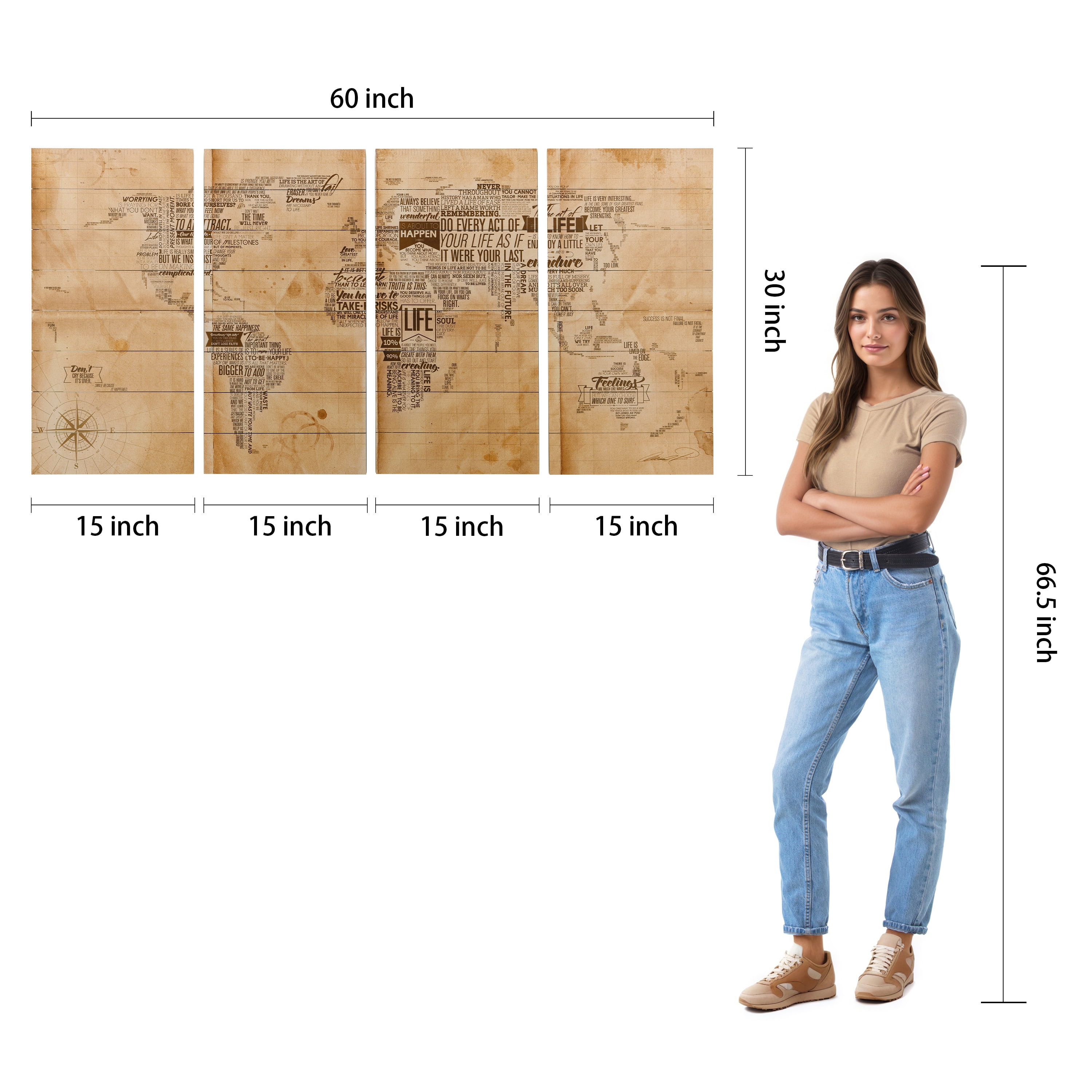 Empire Art Direct World Map Print on Solid Wood Wall Art Set of 4, 60" x 30", Ready to Hang
