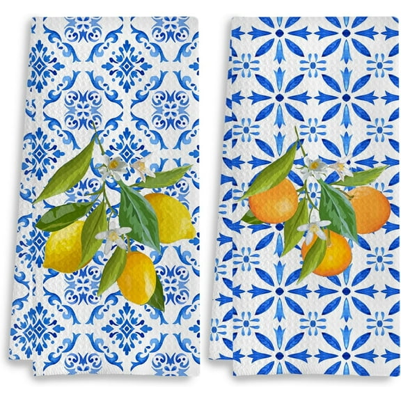 Blue Tiles Kitchen Towels Set of 2, Lemon Citrus Fruit Decorative Hand Towels for Bathroom, Mediterranean Decor Dish Towels for Kitchen, Blue and White Kitchen Bathroom Decor 18x26 Inches