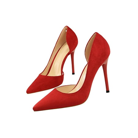 

Welliumy Ladies High Heels Pointed Toe Stilettos Slip On D Orsay Pumps Party Dress Shoes Wedding Casual Faux Suede Red 6