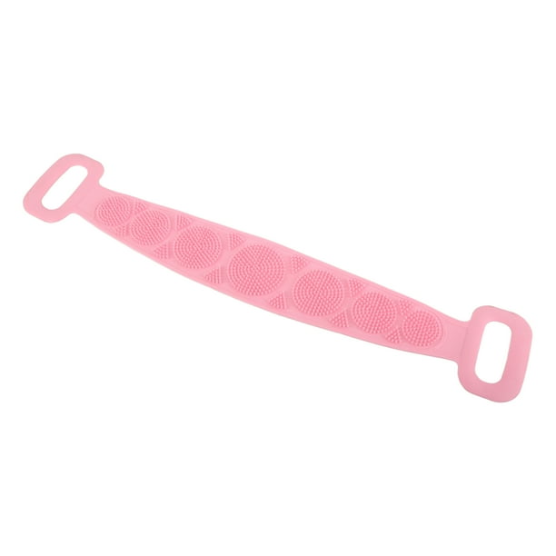 Cepillo de baño de silicona resistente y duradero, con fuerte resistencia a la tracción, correa para la espalda para colgar y limpiar el baño, color rosa