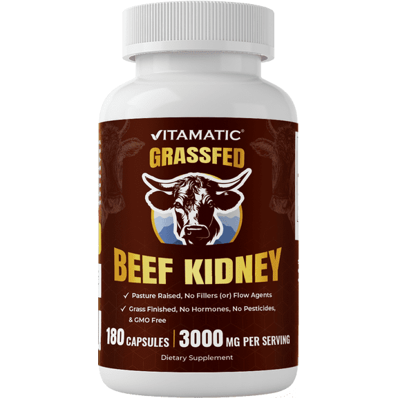 Vitamatic Grass Fed Beef Kidney with Liver Glandular Supplement, Freeze Dried, Non-GMO, Pasture Raised, Gluten-Free, Hormone-Free, 180 Capsules