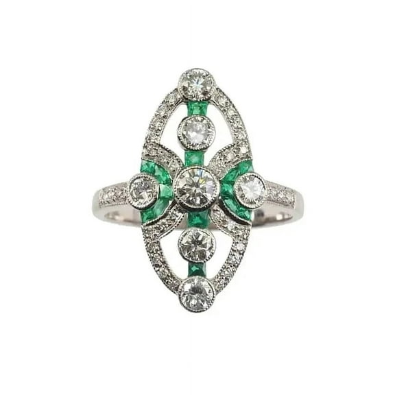 Retro Edwardian Diamond Ring, Vintage Dinner Ring, Antique Milgrain Bezel Set Diamond Engagement Ring, Green Emerald Birthstone Ring, 2.3 Ct Simulated Diamond, 925 Sterling Silver, Gift For Mom