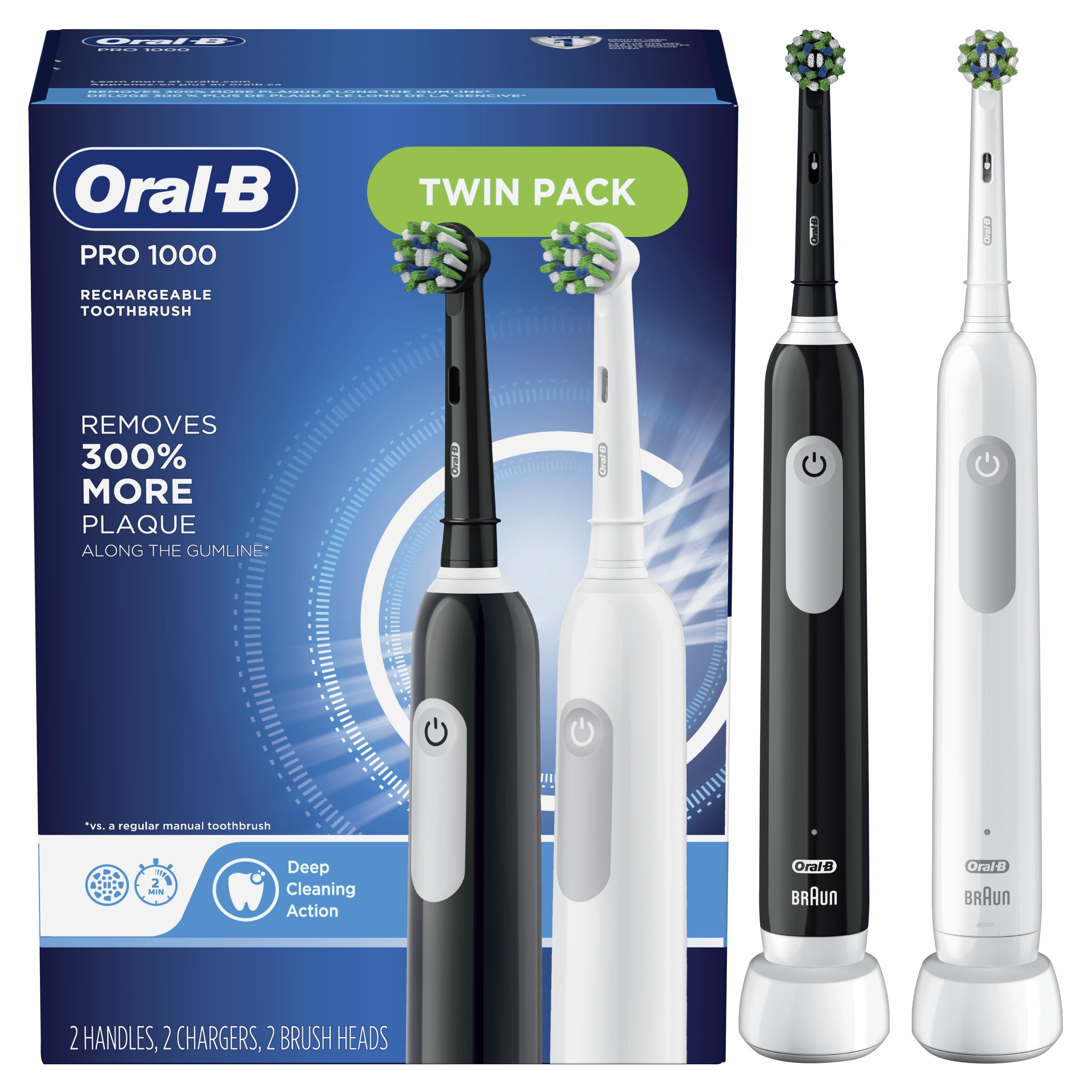 deze Verniel blok Oral-B Pro 1000 Electric Toothbrush, Black & White, Twin Pack - Walmart.com