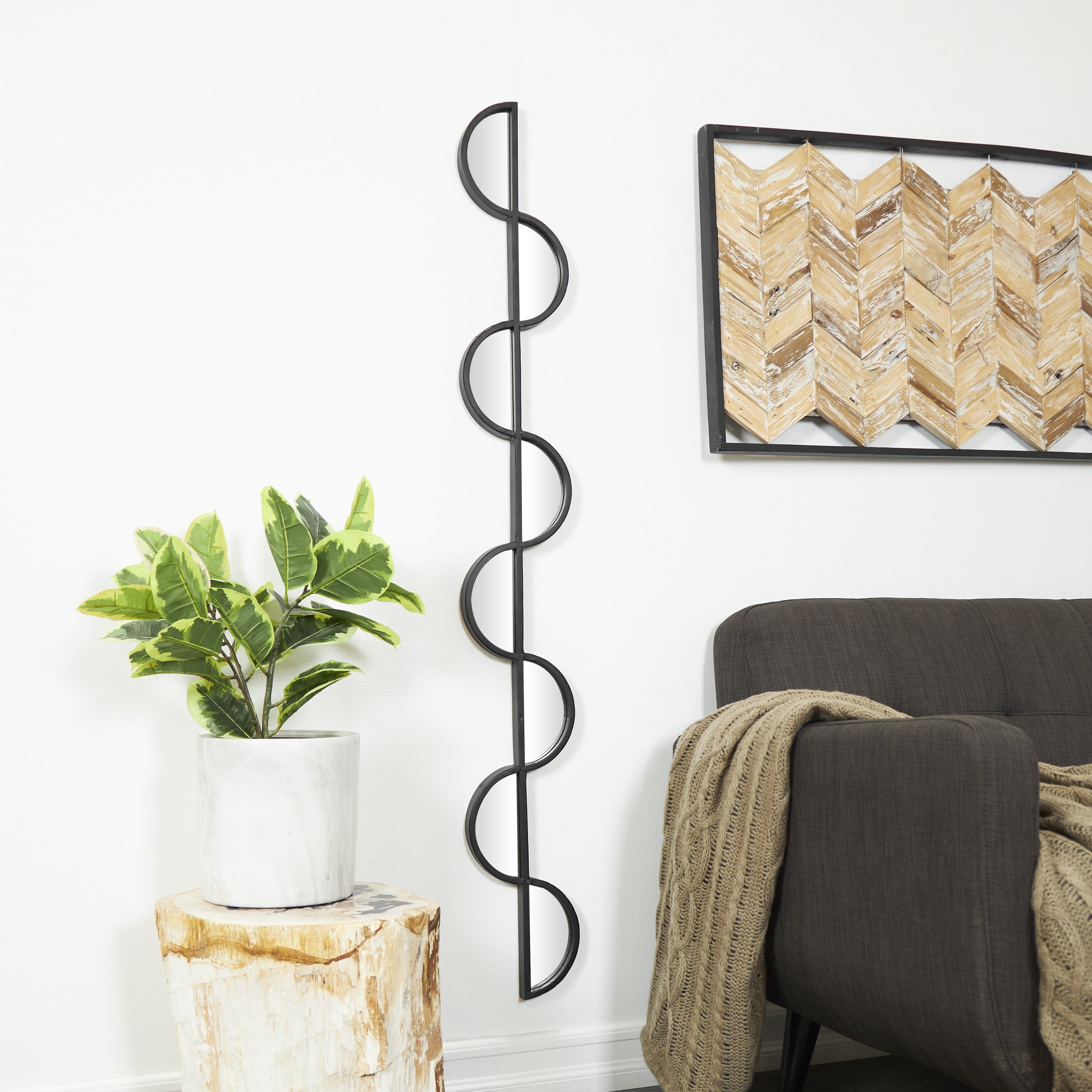 DecMode 7" x 59" Black Slim Stacked Wavy 8 Layer Wall Mirror with Half Moon Pattern