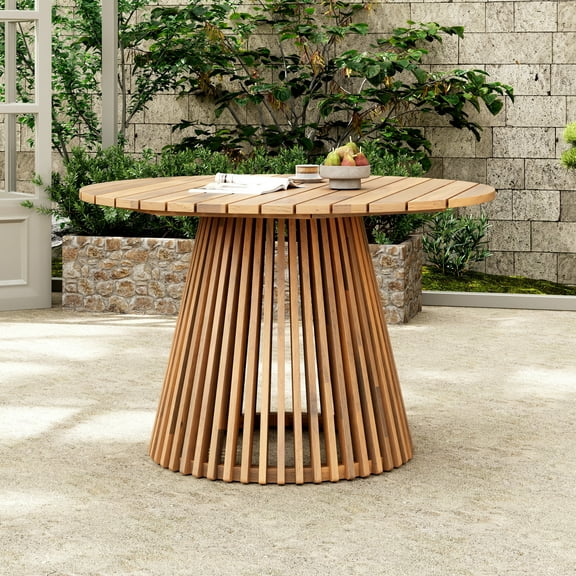 Christopher Knight Home 47" Round Outdoor Dining Table, Wood Patio Table with Slatted Pedestal Base, Light Teak