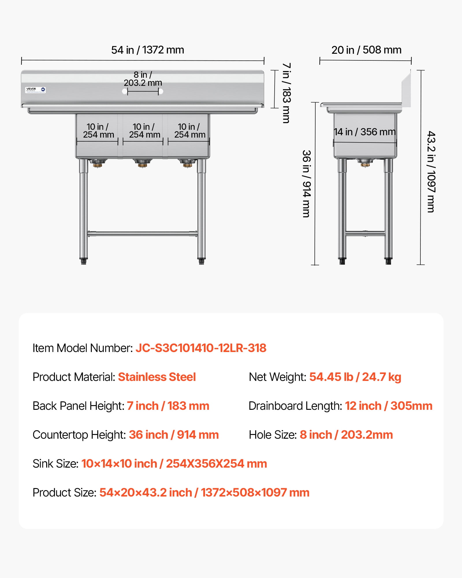 VEVOR 3 Compartment Sink, 18-Gauge 304 Stainless Steel, 10" x 14" x 10" Bowl Size, 3 Bay Commercial Kitchen Prep & Utility Sink with 2 Drainboards and Backsplash for Restaurant, Food Truck & Home Use