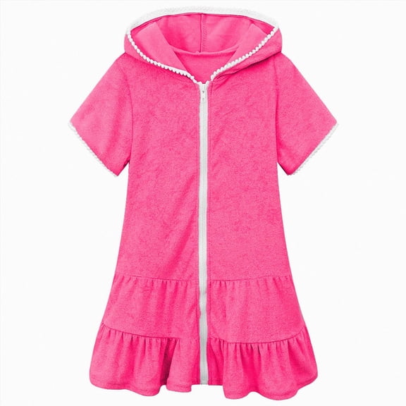 Gubotare Kids Swim Cover Up Little Girls Swim Cover Up Kids Swimsuit Coverup Hooded Beach Terry Cloth Ruffle Bathing Suit Zip Up Short Sleeve Size 6-7 (Hot Pink,6-7 Years)