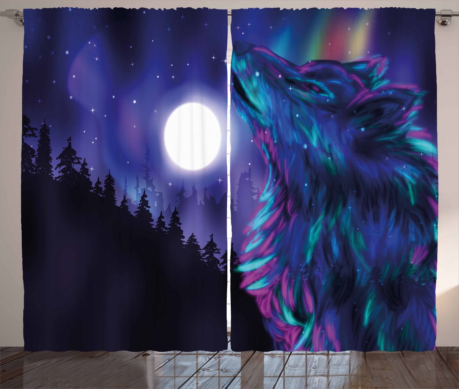 3D Blockout Curtain 2Panel Fabric Window-Snow Mountain Wolf Howling-Decor Drapes 
