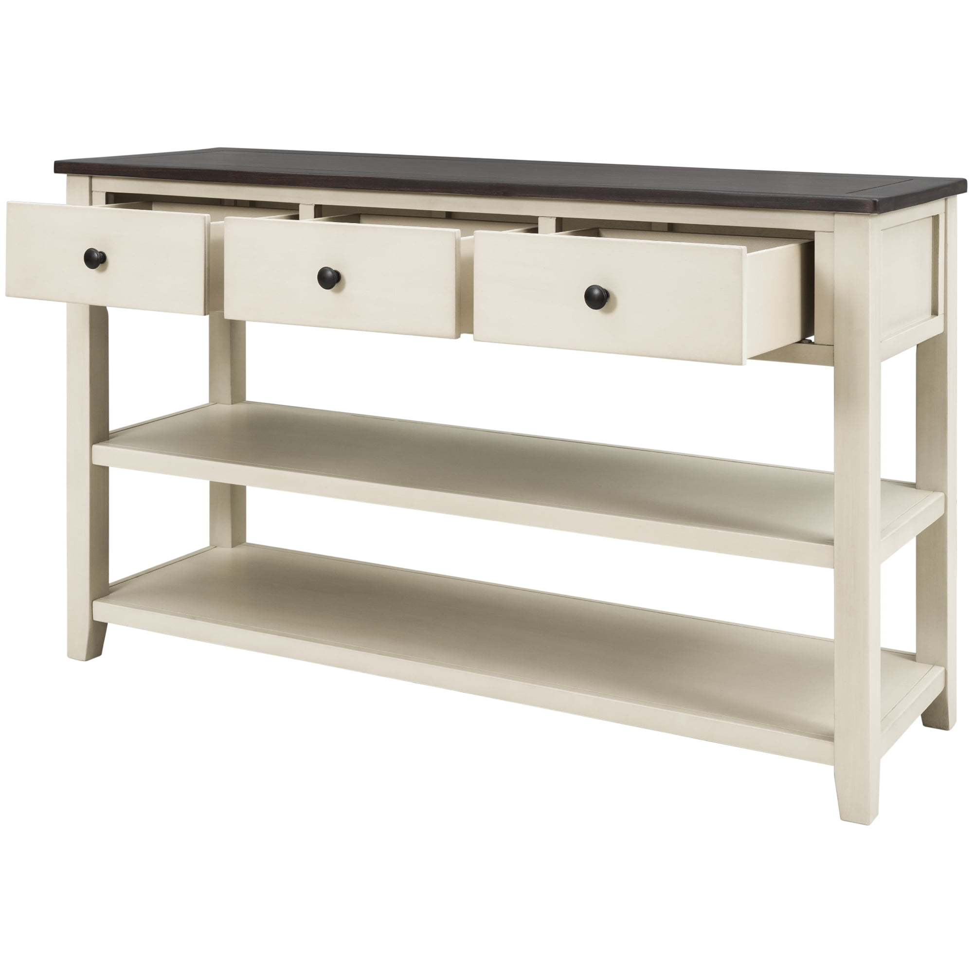 Harper & Bright Designs Retro Console Table with Storage Drawers and Two Open Shelves, Solid Wood Rustic Sofa Table for Entryway Living Room, Beige, Espresso