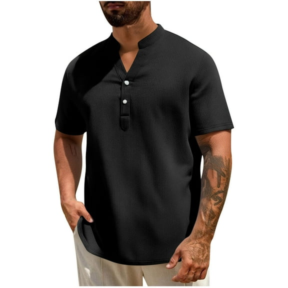 YLSDY Fashion Men's Casual Henley Shirts Short Sleeve Summer Beach T-Shirts Banded Collar Henleys Button Tee Shirt Black S