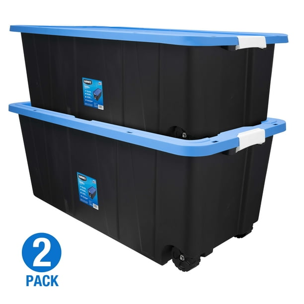gemeenschap opening puur HART 50 Gallon Rolling Plastic Storage Bin Container with Pull Handle,  Black with Blue Lid, Set of 2 - Walmart.com