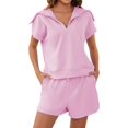 thumbnail image 1 of Women Two Piece Outfits Tracksuit Half Zip Lapel Cap Sleeve Sweatshirt High Waist Drawstring Shorts Set Sweatsuit, 1 of 6