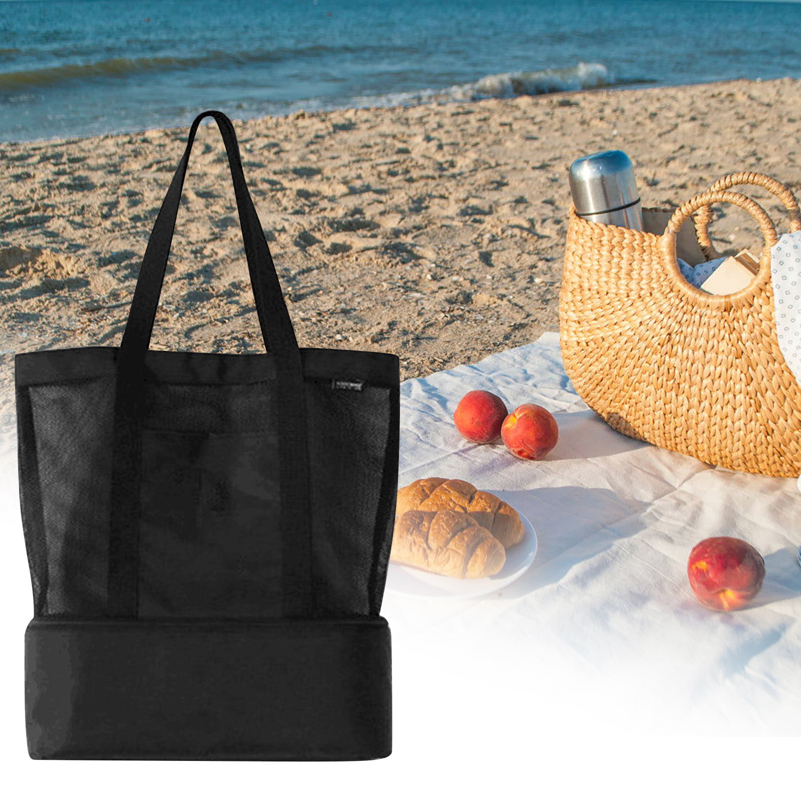 Summer Mesh Beach Picnic Bag Mesh Tote Bag with Detachable Cooler Bag 
