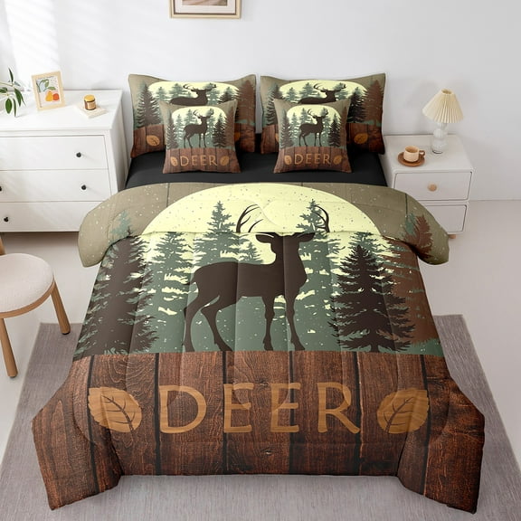 Erosebridal Jungle Deer Bed in a Bag Twin size, Wildlife Animal Bed Set, Reindeer Elk Reversible Bedding Twin Size, Breathable Room Decoration, 7-Piece