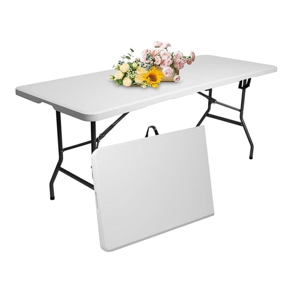 6 ft Foldable Plastic Table for Display, Camping, Party, Dining, Barbecue, Picnic with Carrying Handle - White