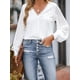 thumbnail image 2 of Blusas de mujer con escote en V, encaje festoneado, mangas largas de encaje, puños con banda, camisa elegante y chic, color blanco，yo, 2 of 5