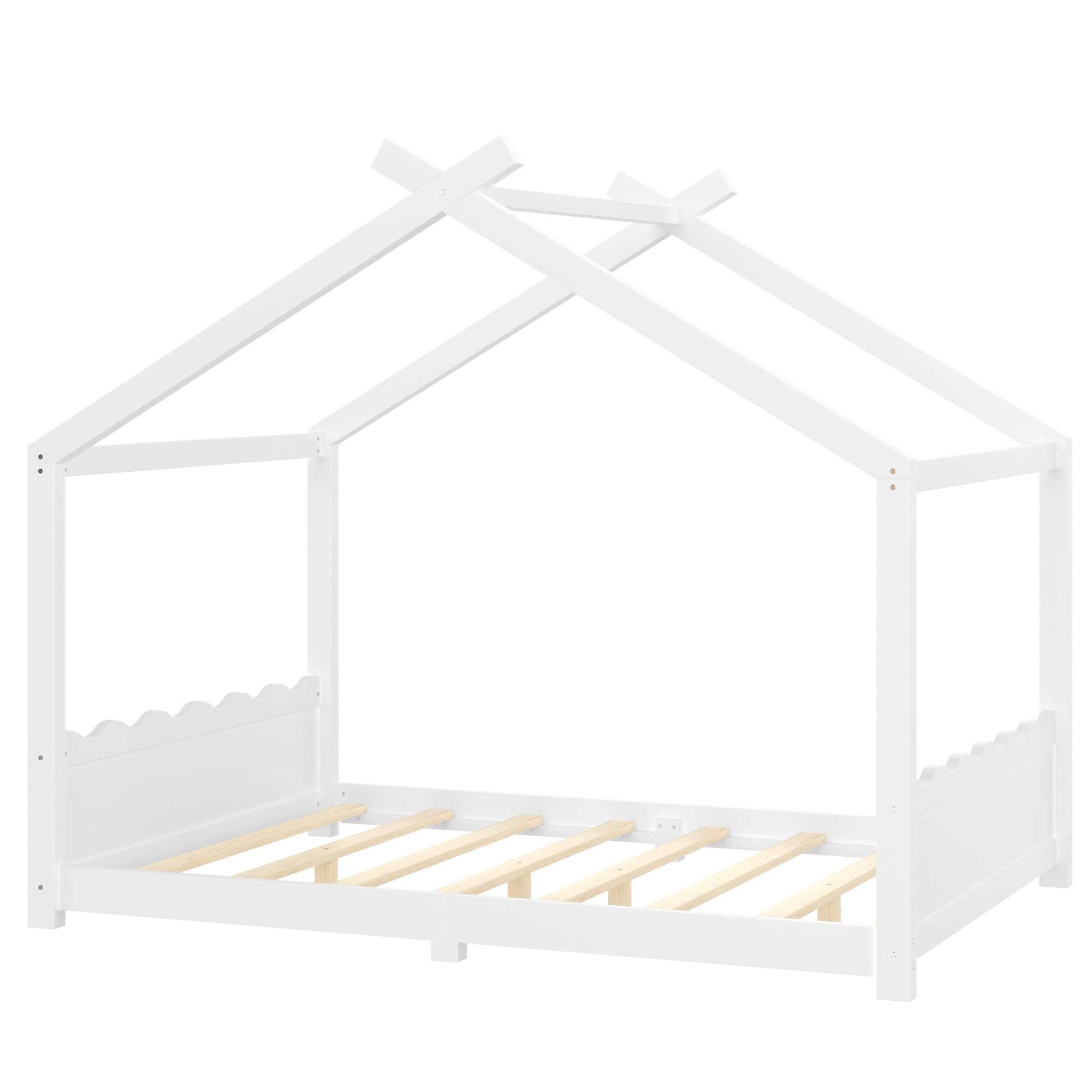 Leumius Full Size House Shape Bed,Montessori House Bed Solid Wood Floor Bed for Kids,No Box Spring Needed,Light White