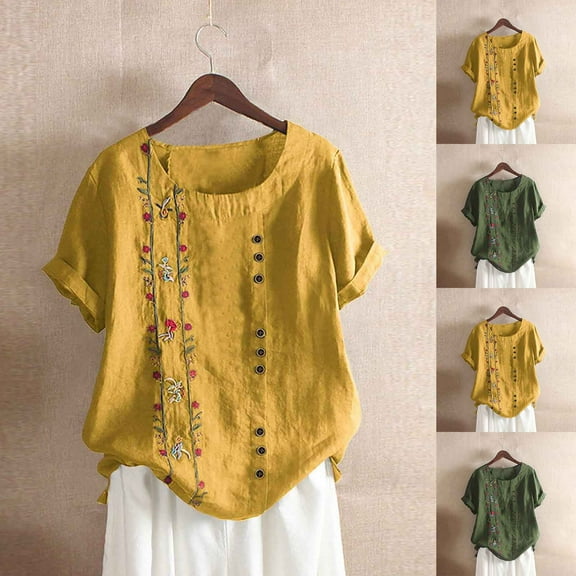Luxalzxs Cotton Linen Tunic Tops for Women Floral Embroidery Button Scoop Neck Rolled Short Sleeve Blouses Tops Classic T-Shirts