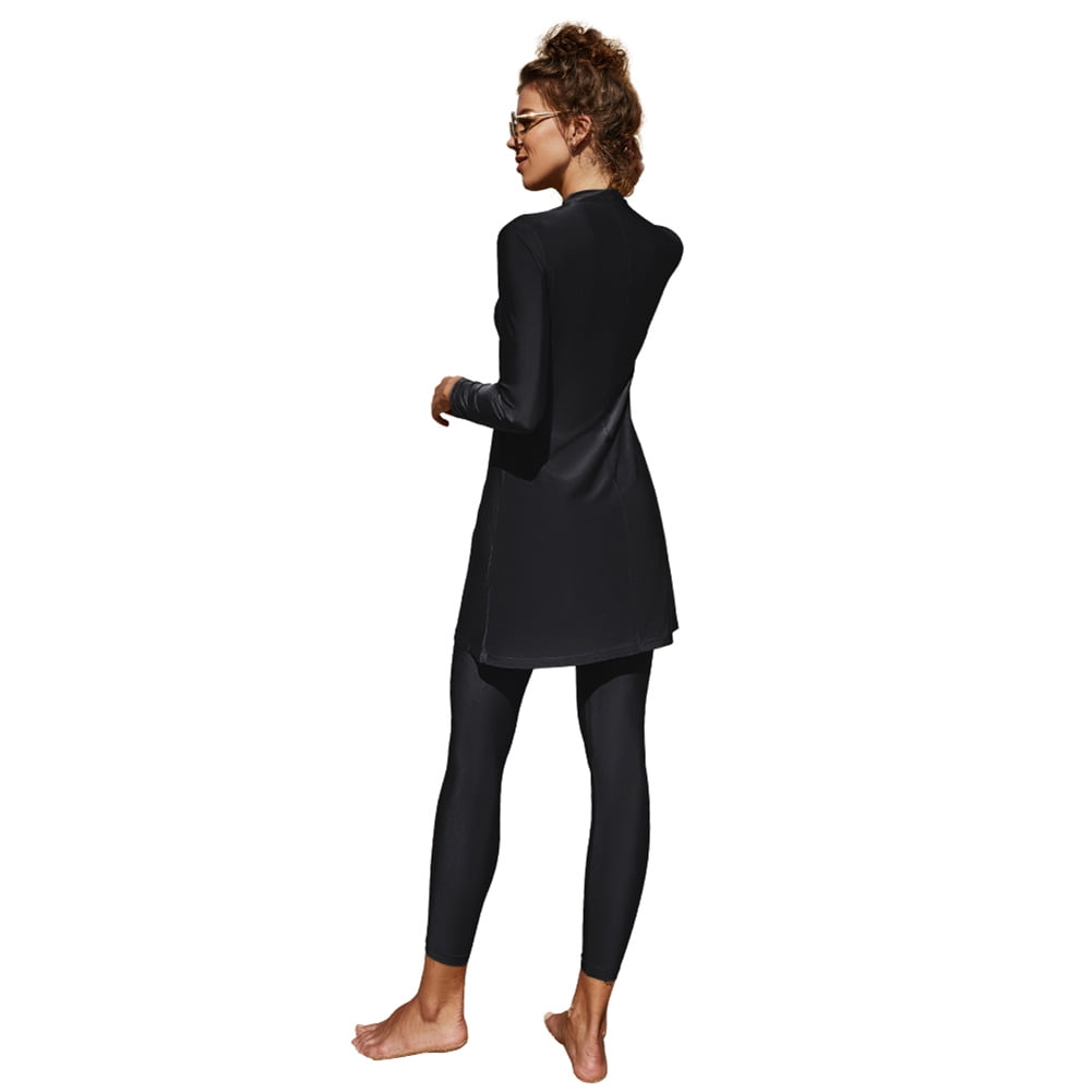 IBTOM CASTLE Women Muslim Swimsuits Modest Burkini Swimwear Islamic Long Sleeve Full Cover Swim Top Leggings Pants ​Bathing Suits S Black & Split