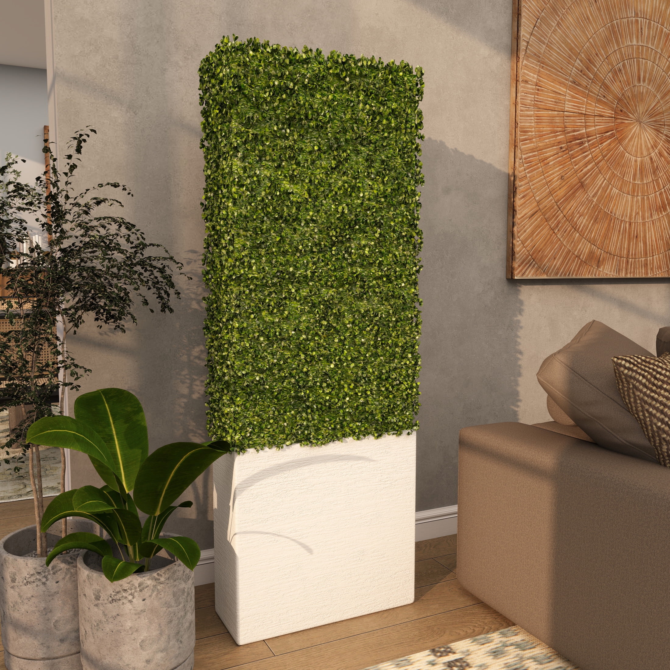 DecMode 59" Tall Boxwood Hedge Artificial Topiary in Realistic Leaves and White Fiberglass Planter Box