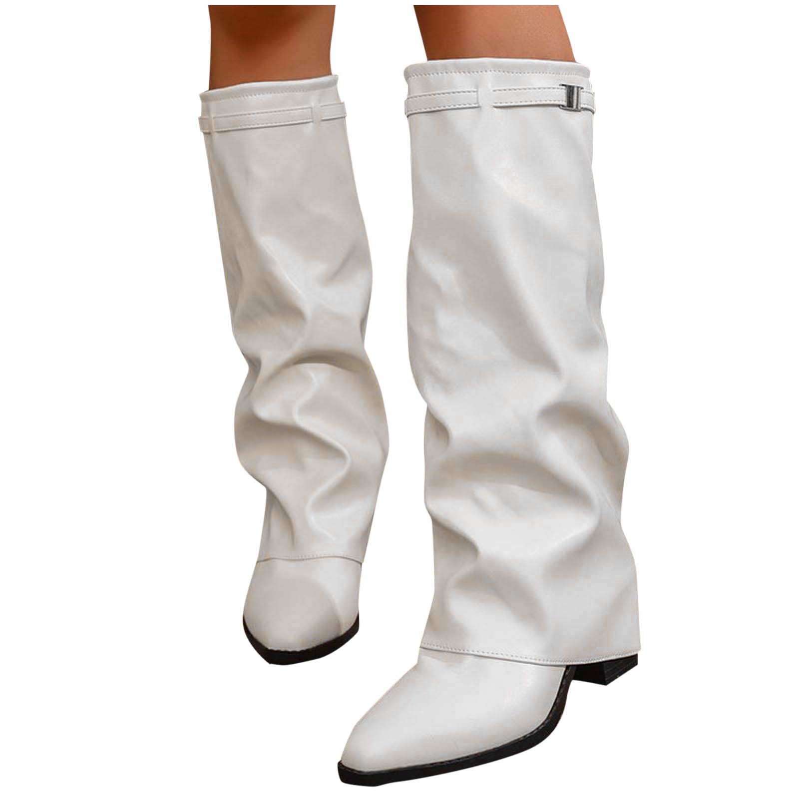 BLTIBY Fold Over Shark Boots for Women Snip Toe Chunky Heel Wide Calf Cowboy Boot Pull On Classic Fashion Party Dress Booties Beige 36