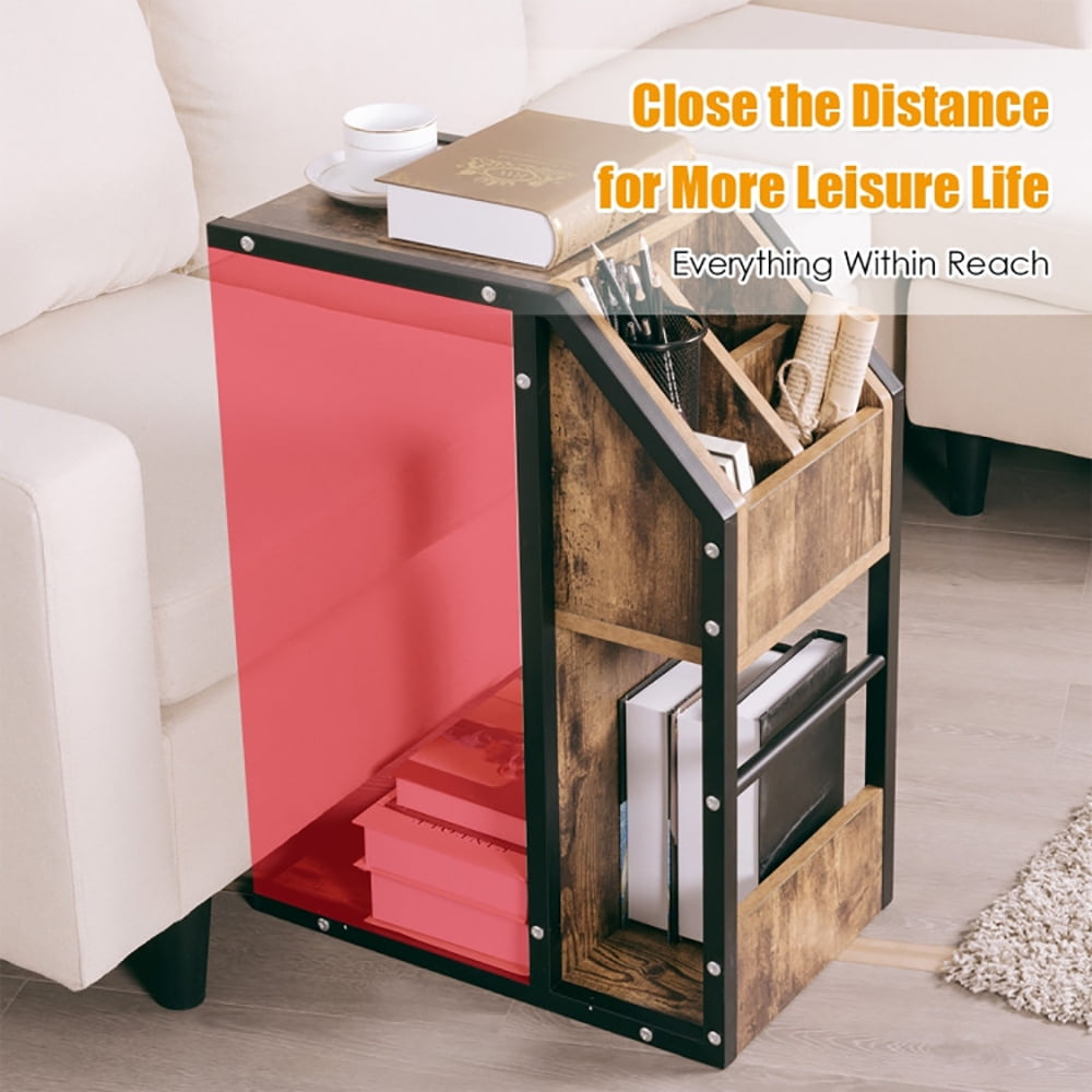 Finihen End Table, Industrial C-Shape Snack End Table with Storage Space, Sofa Side Table, Bed Side Table, for Living Room, Bedroom, Brown Finihen End Table, Industrial C-Shape Snack End Table with Storage Space, Sofa Side Table, Bed Side Table, for Living Room, Bedroom, Brown