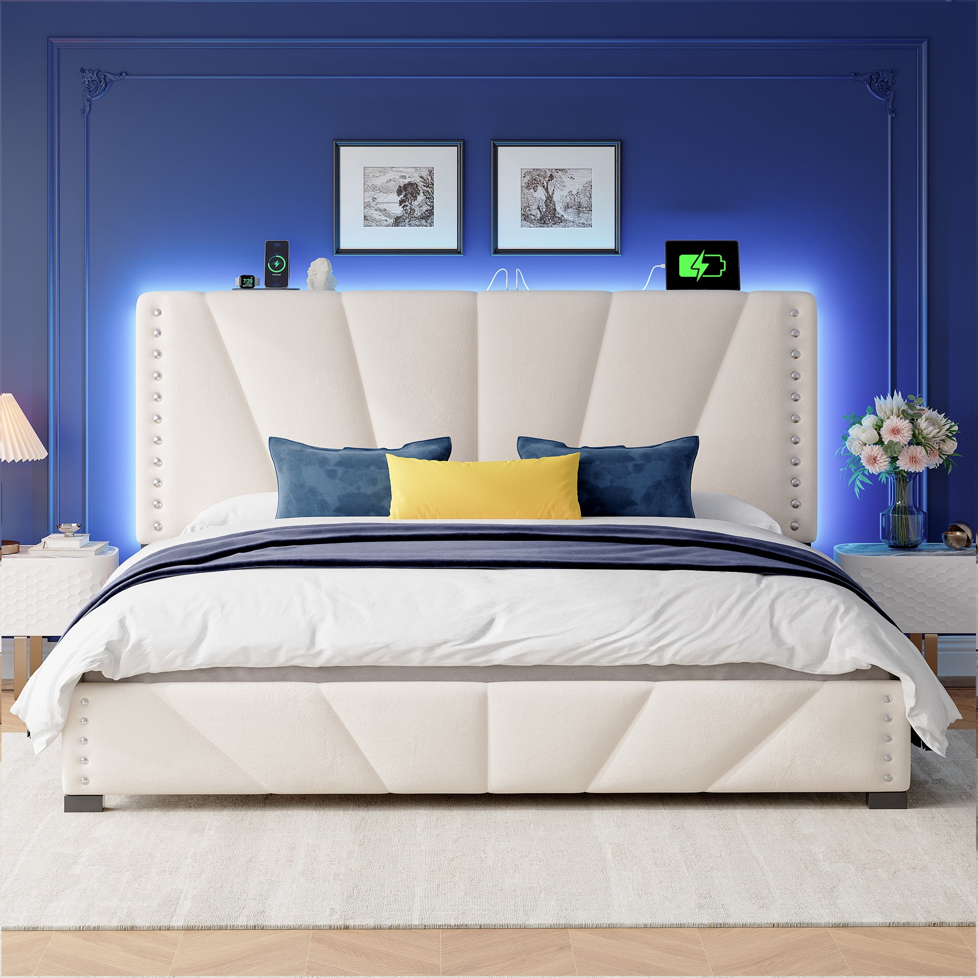 Upholstered Bed Frame with Headboard King Size Bed Frame with LED Lights & Storage,Beige