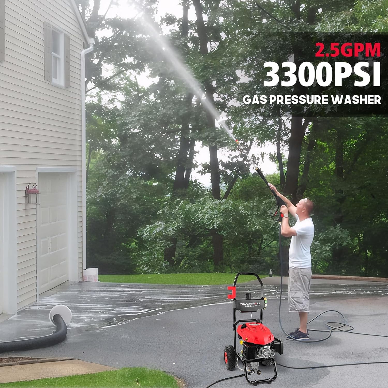 PowerSmart 3300PSI Gas Pressure Washer, 2.5GPM, 201cc Gas Power Washer, 5 Nozzle & Soap Tank, for Cars/ Home/ Work Site