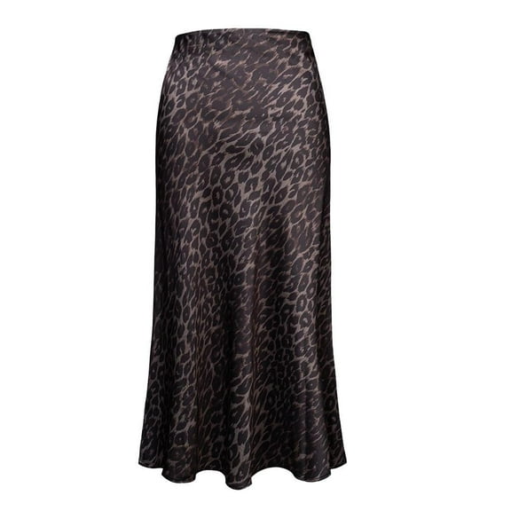 Weardear Womens Leopard Print Skirt Midi Long Length Silk Satin High Waist Skirt