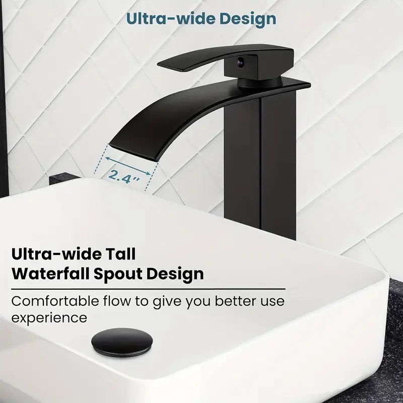 Bathroom Vessel Sink Faucet Basin Waterfall Vanity Tap with Drain Black