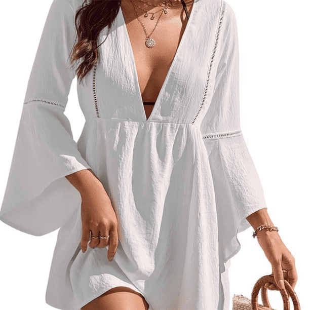 Traje de Baño para Mujer, Vestido de con Cuello en V, Pareo de Bikini Fluido S