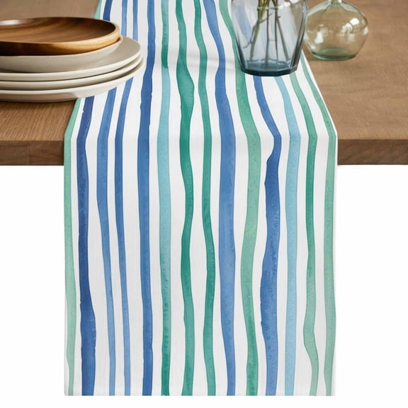 Green Blue Stripes Table Runner 72 Inches, Ocean Waves Abstract Modern Art Bed Runner Dresser Scarves Tabletop for Indoor Outdoor Parties/Ceremony/Banquet, 13" x 72"