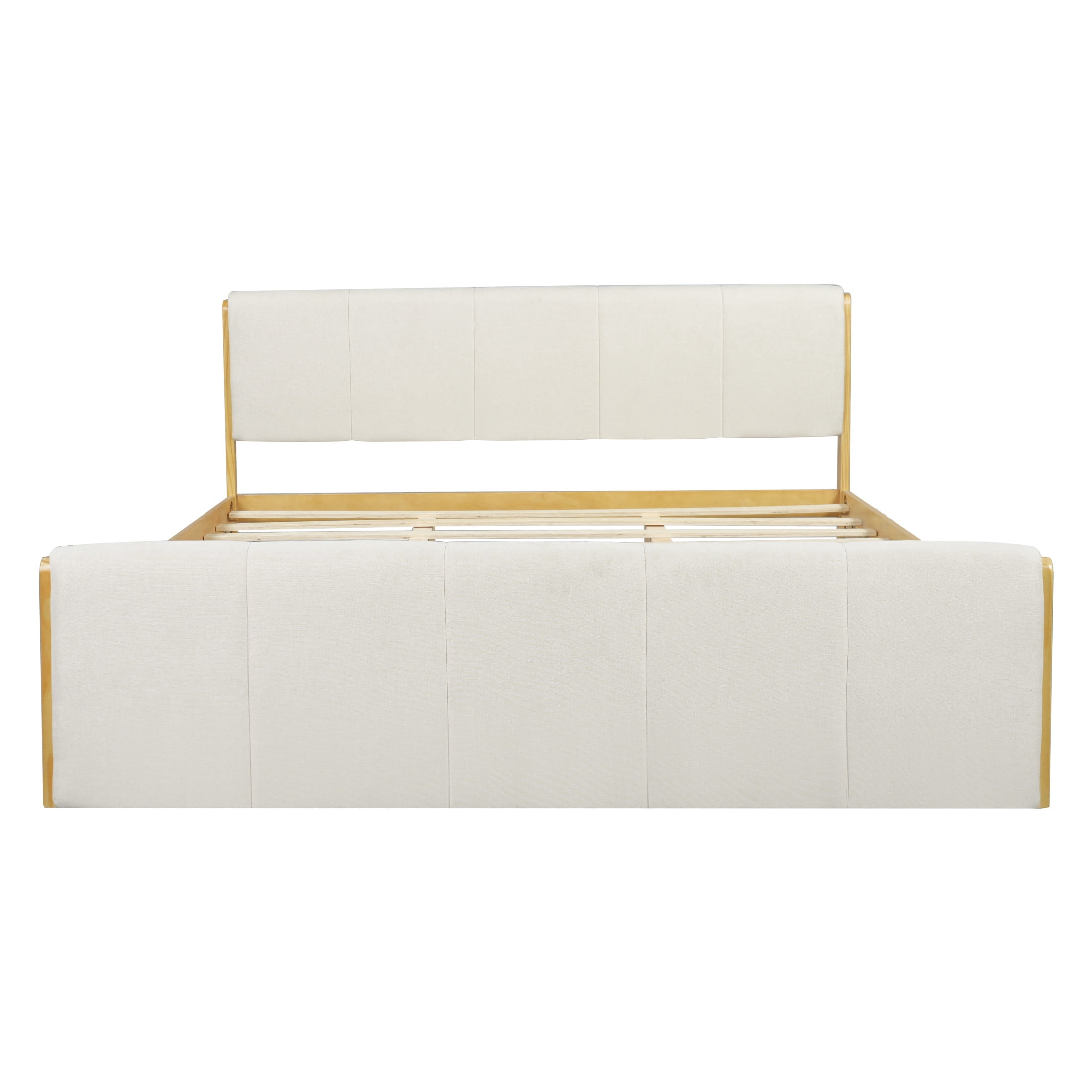 Christopher Knight Home King Upholstered Bed Frame, Platform Bed with Wood Trim, White + Natural