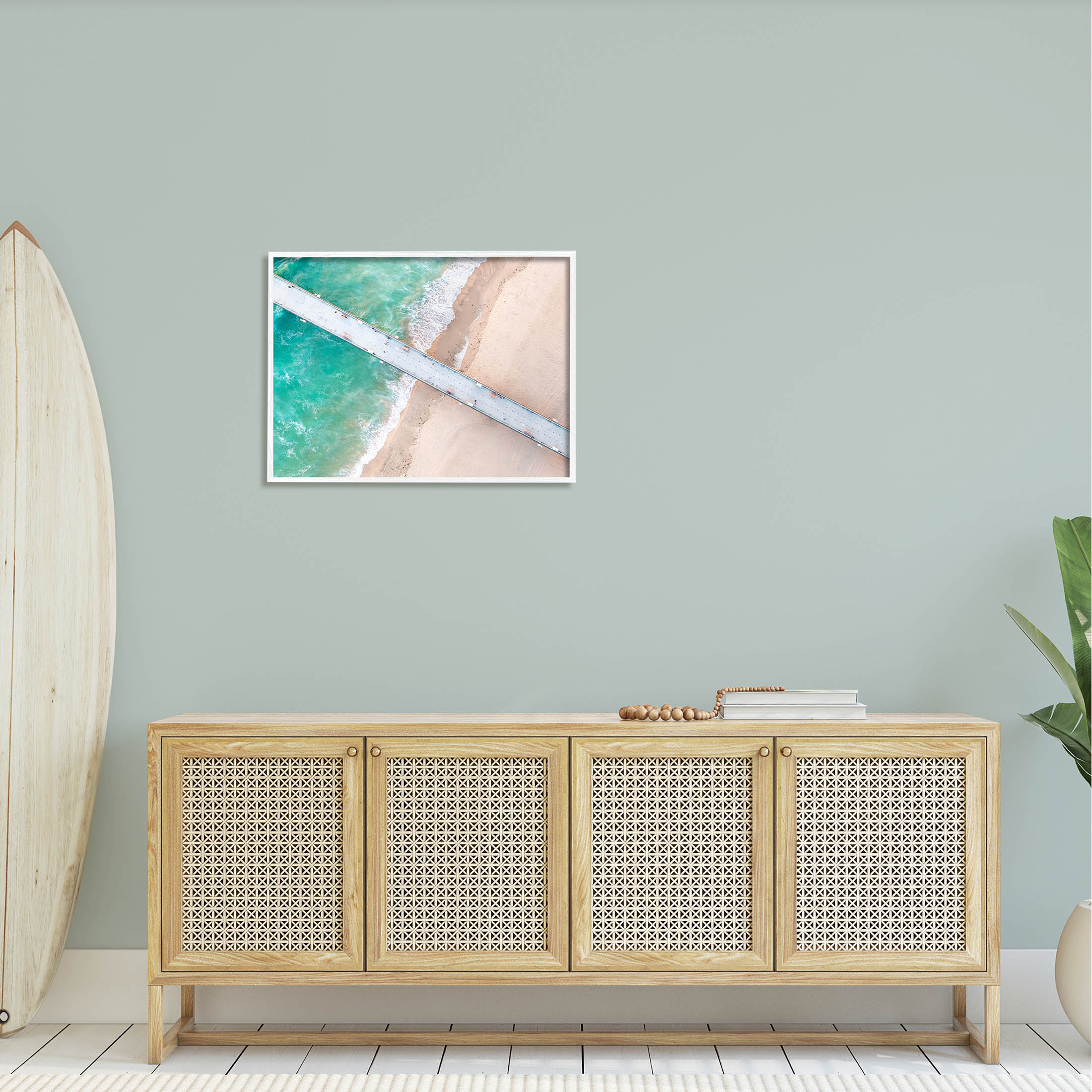 Aerial Ocean Beach Bridge Coastal Photograph White Framed Art Print Wall Art