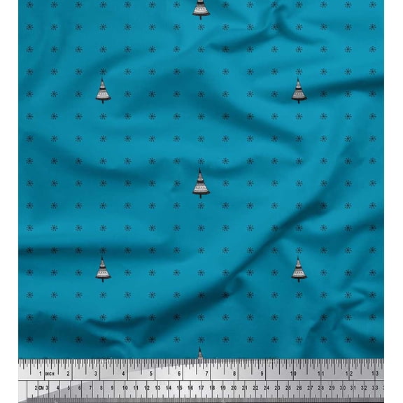 Soimoi Blue Georgette Viscose Fabric Snowflake & Tree Christmas Fabric Prints By Yard 42 Inch Wide