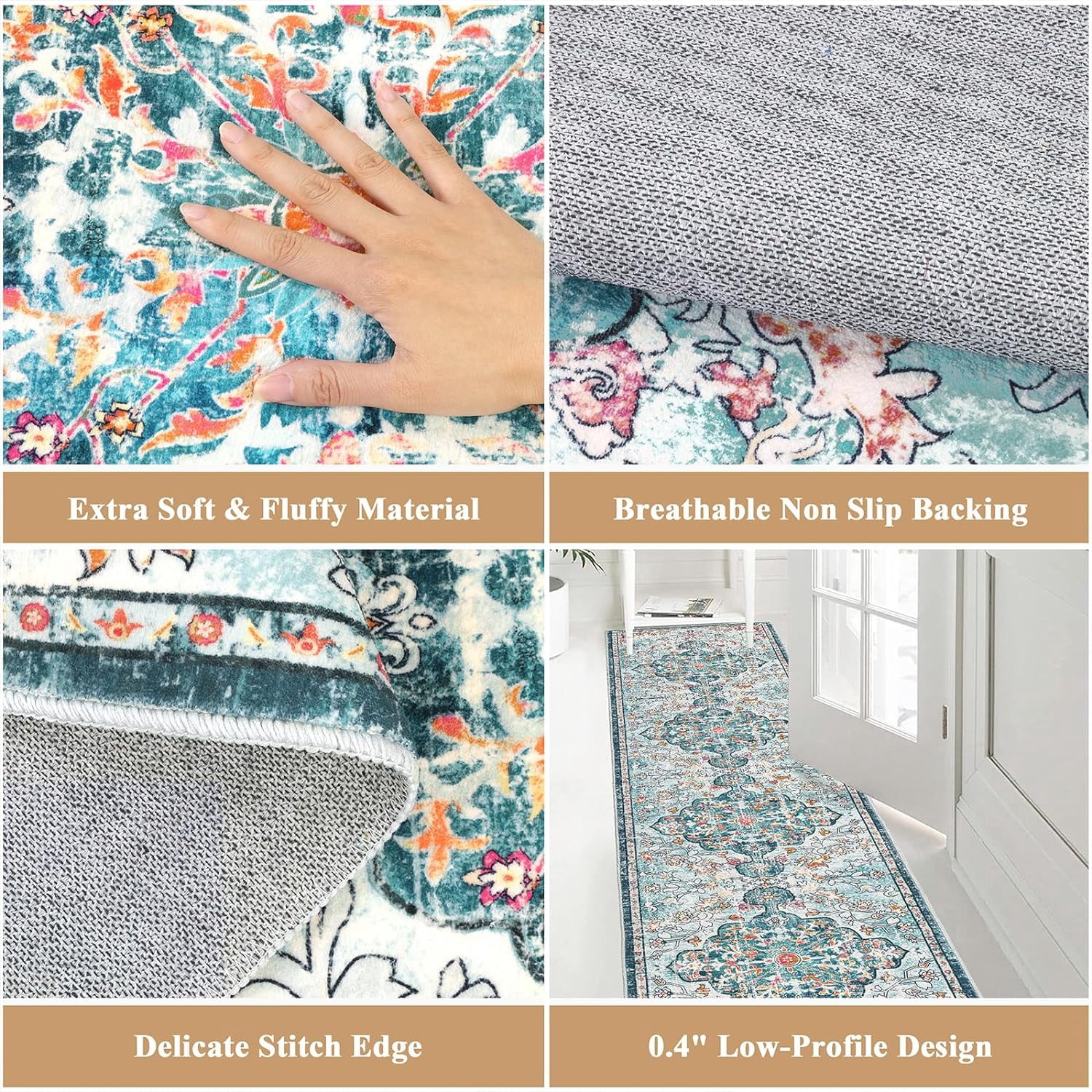 Findosom 2'x10' Vintage Runner Rug 0.4" Distressed Hallway Rug Non Slip Laundry Runner Rug Decor Rug Washable Runner Rug Kitchen Floor Mat Entryway Rug Runner for Laundry Kitchen Entryway, Blue