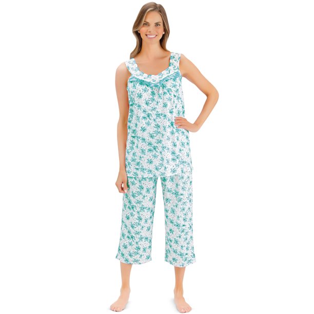 Collections Etc Floral Satin Trim Sleeveless Top And Capri Pajama Set